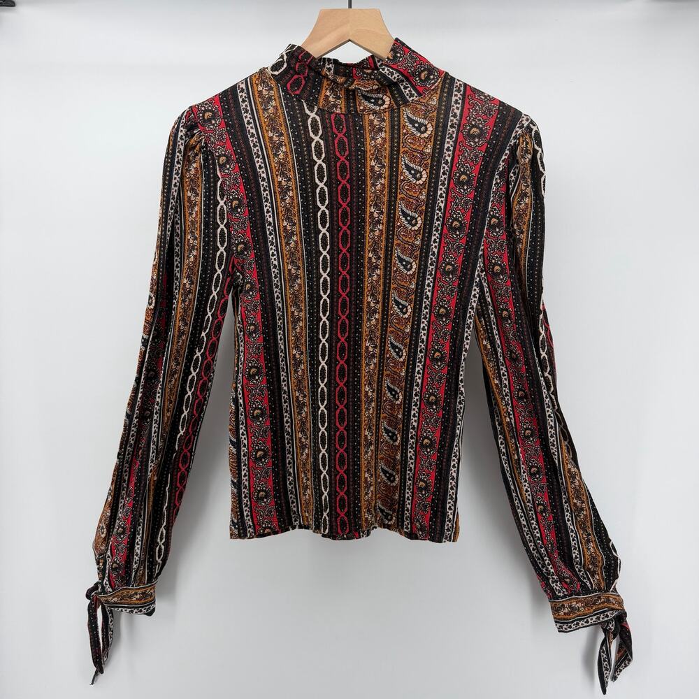 Free People Donatella Paisley Tie Long Sleeve Top S 70s Retro Boho Whimsygoth - Picture 2 of 7